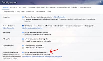 Activar la redacción inteligente de Gmail.