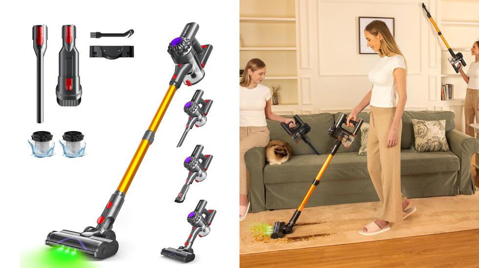 Aspirador escoba inalámbrico que incluye tecnología de luz verde para una mejor visibilidad.