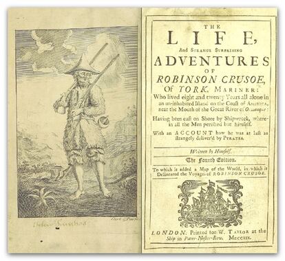 Portada de la primera edición en inglés de 'Vida y extraordinarias y portentosas aventuras de Robinson Crusoe, de York, navegante', de Daniel Defoe.