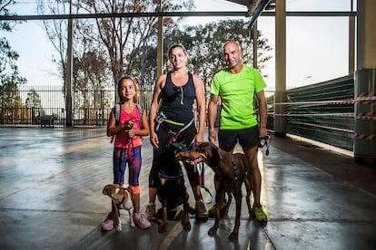 Davinia Viña, Adolfo Paíz and their daughter, Nilsa, in the dog shelter set up in Los Llanos de Ariadne, La Palma. Until the volcano erupted, they lived in the village of Todoque in the valley of Aridane. 