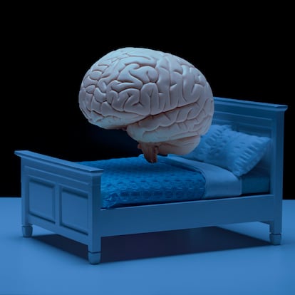 Model of human brain floating over bed in dark room