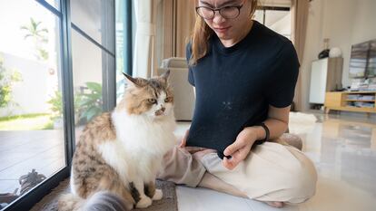 Una chica con la camiseta llena de pelusas al lado de su gato.