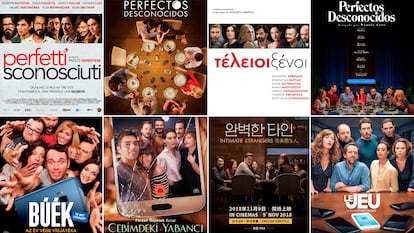 Desde arriba a la izquierda, 'Perfetti sconosciuti' (2016), 'Perfectos desconocidos' (2018), 'Teleioi Xenoi' (2016), 'Perfectos desconocidos' (2018), 'Búék' (2018), 'Cebimdeki Yabanci' (2018), 'Wanbyeokhan tain' (2018) y 'Le jeu' (2018).