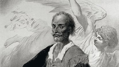 Retrato de Miguel de Cervantes. Litograf&iacute;a de C&eacute;lestin Nanteuil, realizada en el siglo XIX.