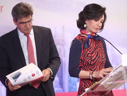 El consejero delegado del Banco Santander, José Antonio Álvarez y la presidenta, Ana Botín durante la presentación de los resultados correspondientes al ejercicio 2019.