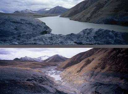 Imágenes comparativas de paisajes que han sufrido deshielo. A 38 km. del pueblo de Xiadawu, meseta tibetana de Qinghai, China, foto superior: 15 de junio de 2005; foto inferior: abril de 2006.