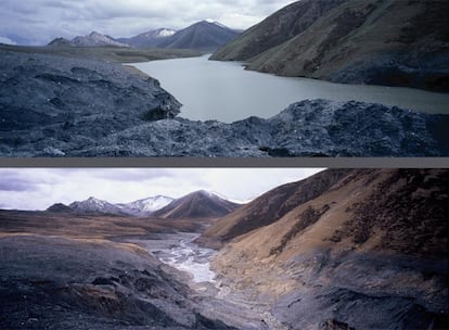 Imgenes comparativas de paisajes que han sufrido deshielo. A 38 km. del pueblo de Xiadawu, meseta tibetana de Qinghai, China, foto superior: 15 de junio de 2005; foto inferior: abril de 2006.