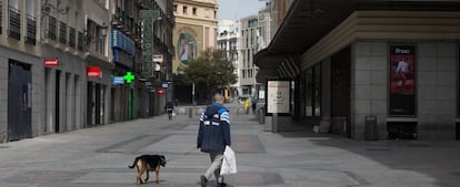 Un hombre pasea a su perro por la céntrica calle de Preciados.