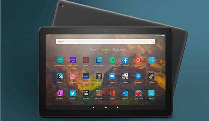 Tablet Amazon con fondo azul