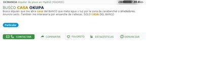 Un anuncio visto este lunes en milanuncios, donde se busca una casa para okupar que pertenezca a una entidad bancaria.