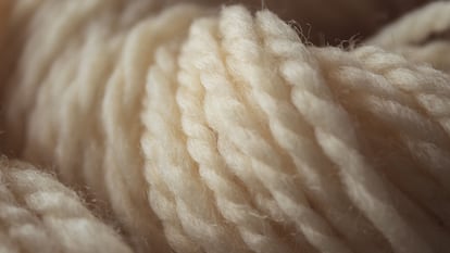 A closeup of a soft yarn of beige thread.