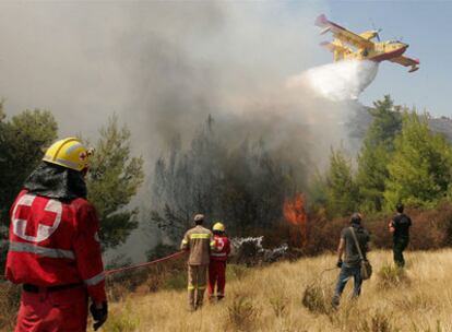 Un avión de extinción de incendios sobrevuela Dioni, a 12 kilómetros al norte de Atenas.