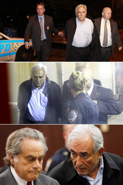 De arriba abajo, dos momentos del traslado de Strauss-Kahn al tribunal y en el banquillo, con su abogado.