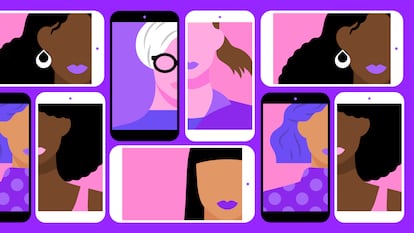 International Women's Day web banner illustration of diverse women team on mobile phone video chat screen or social media connection. March 8 female rights event design.