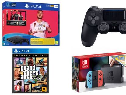 De izquierda a derecha: Lote de Play Station 4 y FiFA 20, mando Dualshock, videojuego Grand Theft Auto y Nintendo Switch más bono canjeable y videojuego.