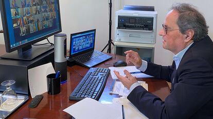 El presidente de la Generalitat, Quim Torra, en la videoconferencia de presidentes autonómicos.