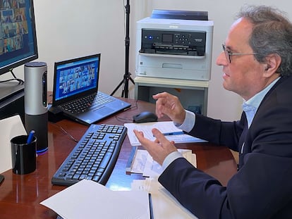 El presidente de la Generalitat, Quim Torra, en la videoconferencia de presidentes autonómicos.