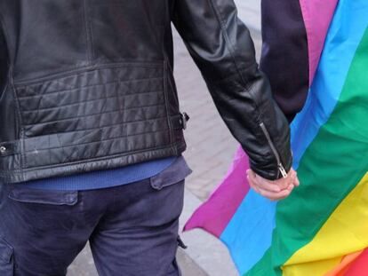 una pareja se coge la mano con la bandera multicolor, en una foto de archivo.