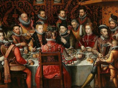 El rey Felipe II de España, en un banquete real con su familia y corte. En el cuadro, de Alfonso Sánchez Coello, también aparecen Alberto de Austria, Ana de Austria, Isabel de Portugal, Carlos I e Isabel de Valois.