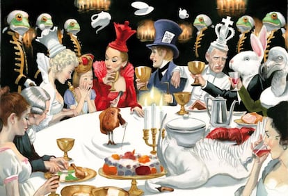 La fiesta del té en el libro 'Alicia a través del espejo', de Fernando Vicente.