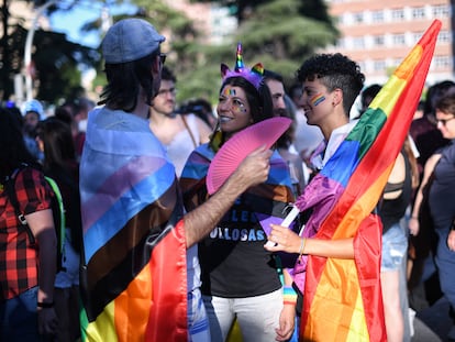 Varios jóvenes en la manifestación del Orgullo Crítico, que, bajo el lema "Sin papeles no hay Orgullo", se celebró el 28 de junio en Madrid.