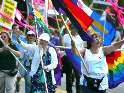 PLYMOUTH, MA - JUNE 20: The first ever Gay Pride parade in Plymouth proceeds along the waterfront in that town. (Photo by Tom Herde/The Boston Globe via Getty Images)