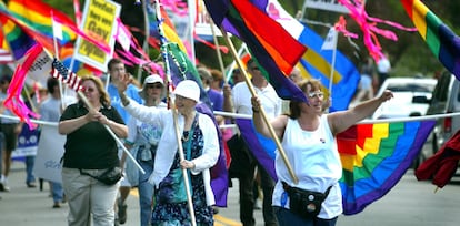 PLYMOUTH, MA - JUNE 20: The first ever Gay Pride parade in Plymouth proceeds along the waterfront in that town. (Photo by Tom Herde/The Boston Globe via Getty Images)