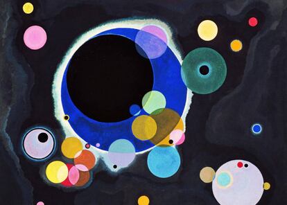 'Algunos círculos', obra de Vassily Kandinski de 1926, imagen de cubierta de 'Ella pisó la Luna'.