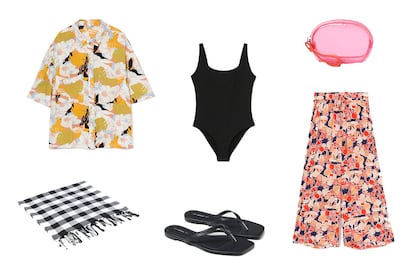 Camisa rústica de manga corta (12,99 €), toalla de cuadros ligera (9,99 €), bañador con textura (8,99 €), sandalia minimal (7,99 €) monedero transparente redondo (3,99 €) y pantalón culotte fluido (9,99 €). Todo, de Lefties.