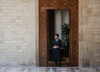 El presidente de la Generalitat, Pere Aragonès, antes de su comparecencia de este martes en el Palau.
