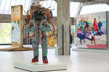 Refugee Astronaut IX by Yinka Shonibare CBE is seen during a press preview at the Fenix Migration Museum in Rotterdam, Netherlands, Wednesday, May 14, 2025.