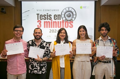 Ganadores del concurso 'Tesis en 3 minutos", celebrado en la Facultad de Medicina de la Universidad Complutense de Madrid, el 14 de junio de 2024.