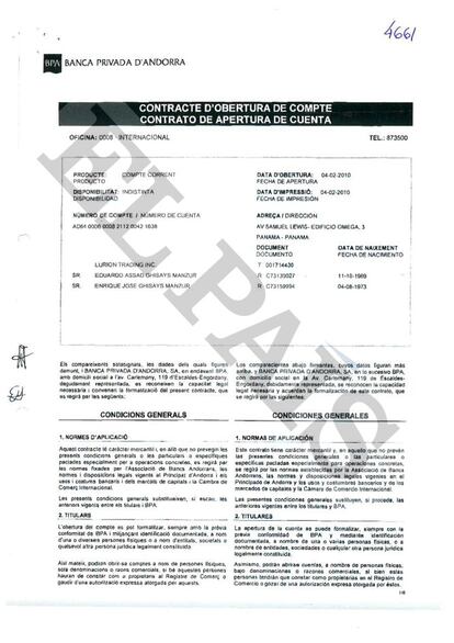 Documento que acredita la apertura de cuenta en 2010 en la BPA de Andorra de los hermanos Eduardo Assad y Enrique José Chisays Manzur.