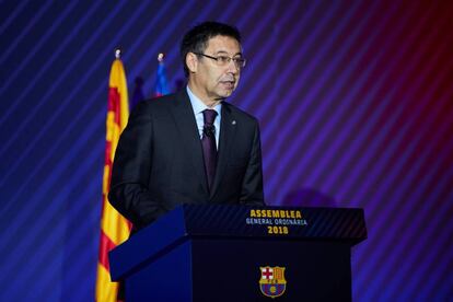 El presidente del Barcelona, Josep Maria Bartomeu, en la Asamblea de Compromisarios del club del pasado octubre. 