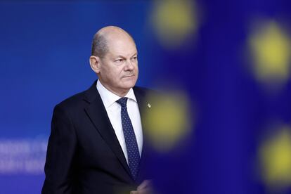 El canciller alemán, Olaf Scholz, el jueves en la cumbre de jefes de Estado y de Gobierno de la UE, en la sede del Consejo Europeo en Bruselas.