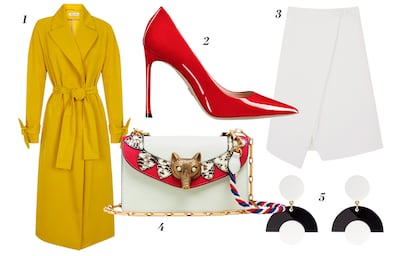 Mix de color

1. Angel Shlesser Gabardina mostaza 2. Dior Stilettos rojos 3. COS Falda blanca asimtrica 4. Gucci Bolso bandolera con cadena 5. Papiroga Pendientes XL bicolor.