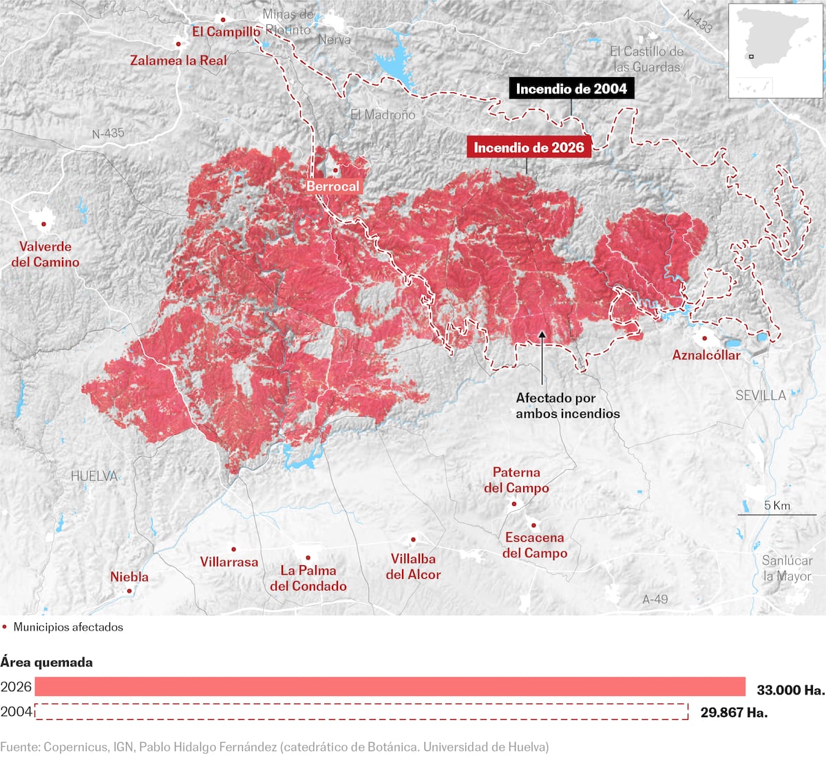 Los dos mayores incendios de Andalucía se cebaron con el mismo territorio de Huelva en solo dos décadas
