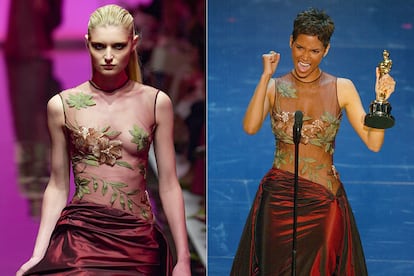 A la izquierda, la modelo que lució el vestido en el desfile de Elie Saab celebrado en julio de 2001 en París, y a la derecha Halle Berry durante su discurso al recibir el Oscar.