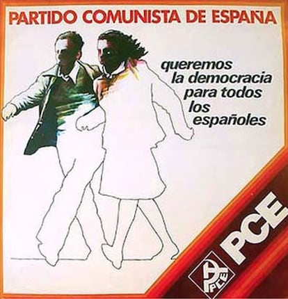 El Partido Comunista de España (PCE) pone el énfasis en la igualdad de géneros en este cartel, en un intento de atraer tanto el voto femenino como el masculino tirando de emociones. "Queremos la democracia para todos los españoles", afirma en su alegato por la equidad.
