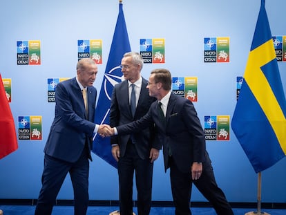 10 July 2023, Lithuania, Vilnius: NATO Secretary General Jens Stoltenberg looks on as Turkish President Recep Tayyip Erdogan (L) shakes hands with Swedish Prime Minister Ulf Kristersson, prior to their meeting ahead of a NATO summit.