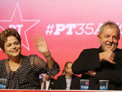 Dilma e Lula no evento de anivers&aacute;rio de 35 anos do PT.