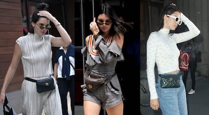 Estas imágenes de Kendall Jenner el 3 y 1 de junio y del 31 de mayo (de izquierda a derecha), tienen algo en común. La modelo parece que ya no sale a la calle sin una riñonera. Una muestra de que Jenner parece estar al tanto de las últimas tendencias, y es que la también llamada 'fanny bag' vuelve a estar de moda y se ha convertido en uno de los accesorios propuestos en las nuevas colecciones de las firmas de moda.