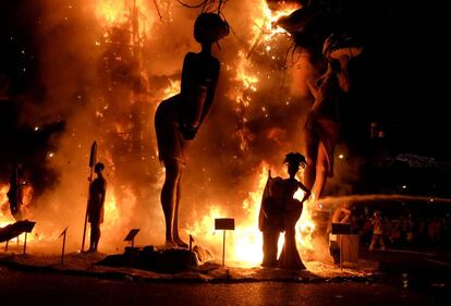 Figures of a Fallas monument burn during the finale of the Fallas festival.