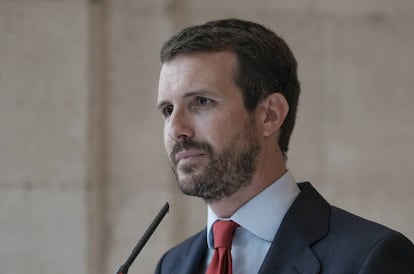 Pablo Casado durante la toma de posesión de Isabel Díaz Ayuso el pasado 19 de agosto en Madrid.