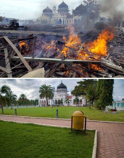 En la imagen superior quema de los restos arrastrados por el maremoto cuatro días después del desastre para despejar la parte baja de la ciudad de Banda Aceh. Al fondo, entre el humo, se observa una de las mezquitas de la población indonesia. En la imagen inferior el mismo lugar diez años después. Fotografías realizados el 30 de diciembre de 2004 y el 6 de diciembre de 2014.