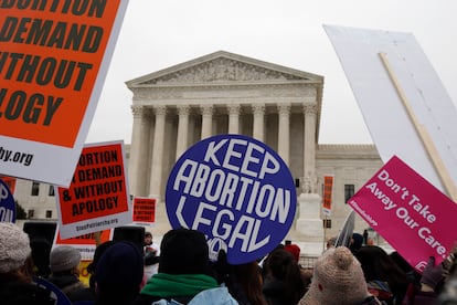 Pro-abortion rights signs are seen during the March for Life 2016 in front of the U.S. Supreme Court in Washington, Jan. 22, 2016