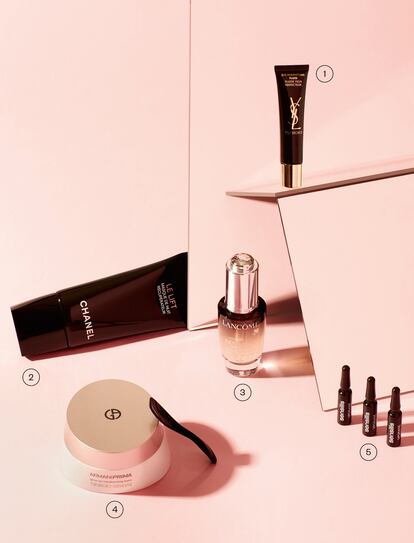 1.	Top Secrets Eye Perfecting Fluid, de YSL. Fluido perfeccionador para el contorno de ojos que trata y fija el maquillaje, proporcionando un efecto radiante. 36,20 euros.2.	Le Lift Masque de Nuit Récupérateur, de Chanel. Mascarilla reparadora de noche para rostro, cuello y escote. 98 euros.3.	Advanced Génifique Sensitive, de Lancôme. Sérum concentrado con antioxidantes como el ácido ferúlico y la vitamina E que calma la tirantez, la sequedad y las rojeces. 83 euros.4.	Armani Prima Glow-on Moisturizing Balm, de Giorgio Armani. Crema con ácido hialurónico que mantiene la hidratación y potencia la luminosidad. 110 euros.5.	Upgrade Chrono Lift, de Sensilis. Tratamiento rejuvenecedor intensivo que, gracias a su tecnología, ejerce una acción hidratante, antioxidante y reafirmante. 35 euros.