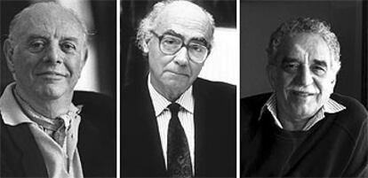 De izquierda a derecha, los premios Nobel de Literatura Dario Fo, José Saramago y Gabriel García Márquez, firmantes de la carta a los presidentes de México y de Chile.