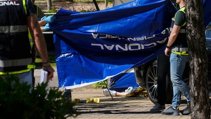 La Policía Nacional trabaja en el lugar donde el miércoles fue asesinado Andréi Portnov, de 52 años.