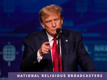 Former President Donald J. Trump speaks at the 2024 National Religious Broadcasters International Christian Media Convention in Nashville, Tennessee. 22 February 2024.